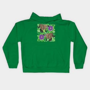 Coatimundi with Palm Leaves Philodendron Gloriosum Leaves and Purple Dahlias Kids Hoodie